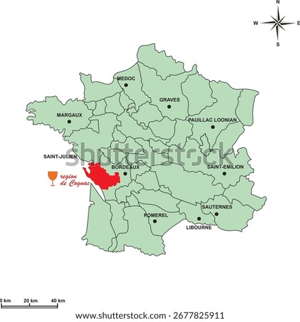 Vector map of Cognac, France, featuring detailed administrative boundaries, cities, districts, and main geographic landmarks