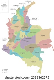 Vector map of Colombia with departments, capital region and administrative divisions. Editable and clearly labeled layers.