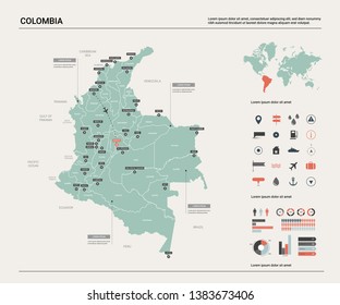 Vector map of Colombia. High detailed country map with division, cities and capital Bogota. Political map,  world map, infographic elements. 