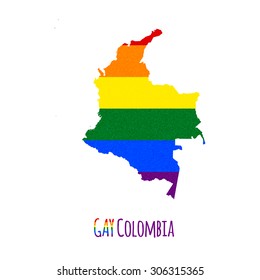 Vector map of Colombia in LGBT (lesbian, gay, bisexual, and transgender) flag colors and GAY Colombia caption on white background. Rainbow flag with denim textile texture.