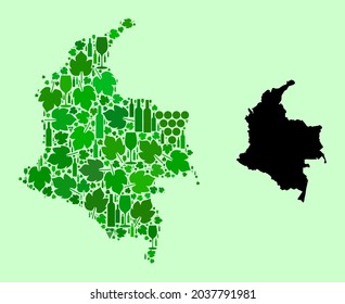 Vector Map of Colombia. Mosaic of green grape leaves, wine bottles. Map of Colombia collage designed from bottles, berries, green leaves. Abstract collage designed for wine production collages.