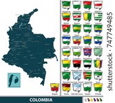 Vector map of Colombia with named departments and flags