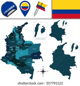 Mapa vectorial de Colombia con departamentos nombrados e íconos de viaje