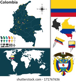 Vector map of Colombia with regions, coat of arms and location on world map