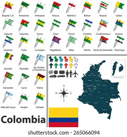 Vector map of Colombia with regions and flags