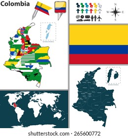 Vector map of Colombia with regions and flags