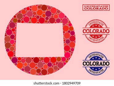 Vector map of Colorado State mosaic of round elements and red grunge seal stamp. Hole round map of Colorado State collage formed with circles in various sizes, and red color tinges.