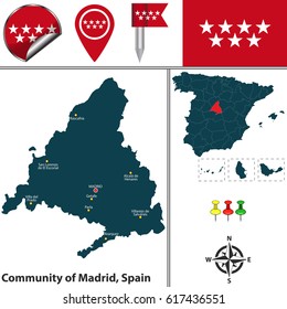 Vector map of community of Madrid with flags and icons