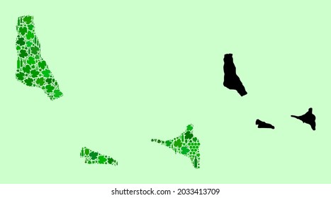 Vector Map of Comoros Islands. Combination of green grape leaves, wine bottles. Map of Comoros Islands mosaic designed from bottles, grapes, green leaves.