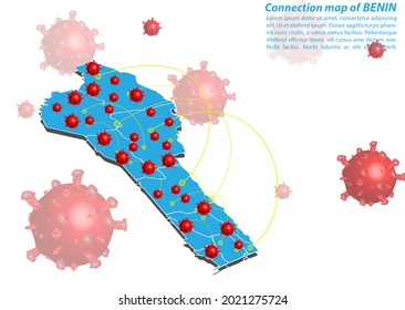 Vector de la conexión de mapa de benín con la imagen del virus Covid-19, el brote COVID-19 se propagó. ​ Coronavirus se extiende a todo el mundo y se infecta a todos los países.