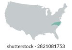 Vector map of the contiguous United States in gray with North Carolina highlighted in pastel teal on a white background, without other internal state borders.