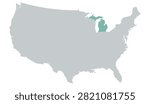 Vector map of the contiguous United States in gray with Michigan highlighted in pastel teal on a white background, without other internal state borders.