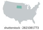 Vector map of the contiguous United States in gray with South Dakota highlighted in pastel teal on a white background, without other internal state borders.