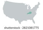 Vector map of the contiguous United States in gray with Kentucky highlighted in pastel teal on a white background, without other internal state borders.