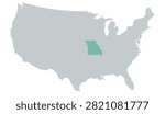 Vector map of the contiguous United States in gray with Missouri highlighted in pastel teal on a white background, without other internal state borders.