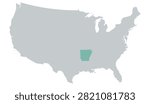 Vector map of the contiguous United States in gray with Arkansas highlighted in pastel teal on a white background, without other internal state borders.