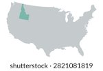 Vector map of the contiguous United States in gray with Idaho highlighted in pastel teal on a white background, without other internal state borders.