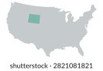 Vector map of the contiguous United States in gray with Wyoming highlighted in pastel teal on a white background, without other internal state borders.