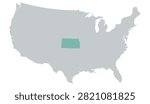 Vector map of the contiguous United States in gray with Kansas highlighted in pastel teal on a white background, without other internal state borders.