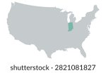 Vector map of the contiguous United States in gray with Indiana highlighted in pastel teal on a white background, without other internal state borders.