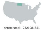 Vector map of the contiguous United States in gray with North Dakota highlighted in pastel teal on a white background, without other internal state borders.