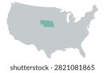 Vector map of the contiguous United States in gray with Nebraska highlighted in pastel teal on a white background, without other internal state borders.