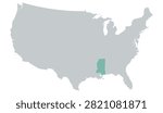 Vector map of the contiguous United States in gray with Mississippi highlighted in pastel teal on a white background, without other internal state borders.