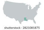 Vector map of the contiguous United States in gray with Louisiana highlighted in pastel teal on a white background, without other internal state borders.