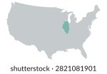 Vector map of the contiguous United States in gray with Illinois highlighted in pastel teal on a white background, without other internal state borders.