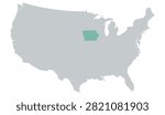 Vector map of the contiguous United States in gray with Iowa highlighted in pastel teal on a white background, without other internal state borders.