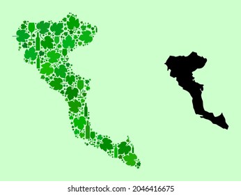 Vector Map of Corfu Island. Mosaic of green grape leaves, wine bottles. Map of Corfu Island collage designed from bottles, grapes, green leaves. Abstract mosaic is designed for bars collages.