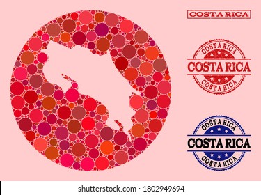 Vektorplan von Costa Rica Mosaik aus runden Punkten und rotem Gummidichtung. Subtraktionsrunde Karte von Costa Rica Collage erstellt mit Kreise in verschiedenen Größen, und rote Farbtönen.