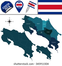 Vector map of Costa Rica with named provinces and travel icons