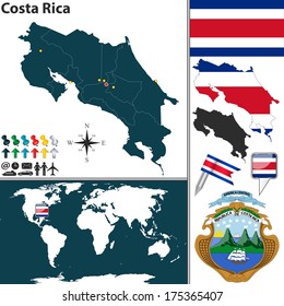 Vector map of Costa Rica with regions, coat of arms and location on world map