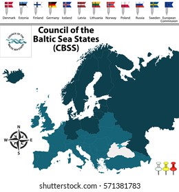 Vector map of Council of the Baltic Sea States (CBSS) with buttons and flags on white background