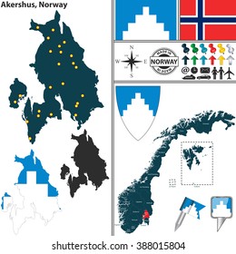 Vector map of county Akershus with coat of arms and location on Norwegian map