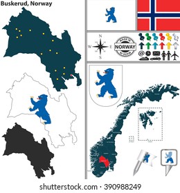 Vector map of county Buskerud with coat of arms and location on Norwegian map