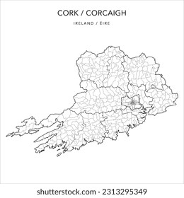 Vector Map of County Cork (Contae Chorcaí) and Cork City (Corcaigh) with the Borders of Municipal Districts, Local Electoral Areas and Electoral Divisions from 2018 to 2023 - Republic of Ireland