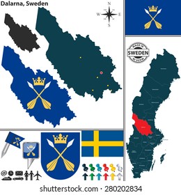 Vector map of county Dalarna with coat of arms and location on Sweden map