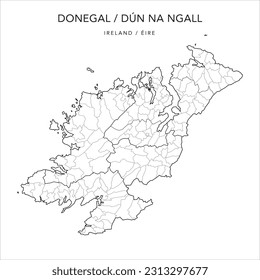 Vector Map of County Donegal (Contae Dhún na nGall) with the Administrative Borders of Municipal Districts, Local Electoral Areas and Electoral Divisions from 2018 to 2023 - Republic of Ireland