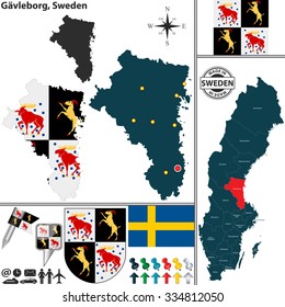 Vector map of county Gavleborg with coat of arms and location on Sweden map