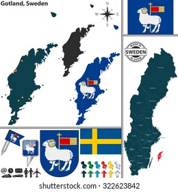 Vector map of county Gotland with coat of arms and location on Sweden map