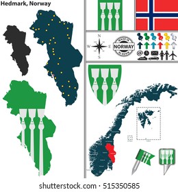 Vector map of county Hedmark with coat of arms and location on Norwegian map