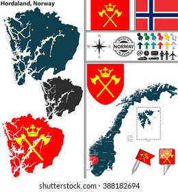 Vector map of county Hordaland with coat of arms and location on Norwegian map