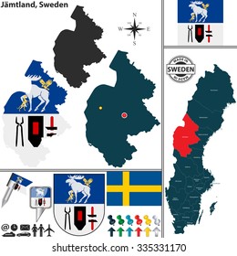 Vector map of county Jamtland with coat of arms and location on Sweden map