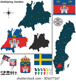 Vector map of county Jonkoping with coat of arms and location on Sweden map