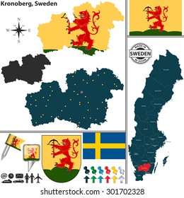 Vector map of county Kronoberg with coat of arms and location on Sweden map