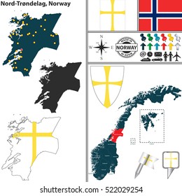 Vector map of county Nord Trondelag with coat of arms and location on Norwegian map