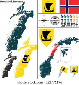 Vector map of county Nordland with coat of arms and location on Norwegian map