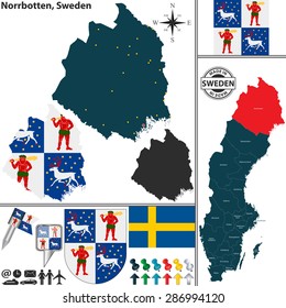 Vector map of county Norrbotten with coat of arms and location on Sweden map